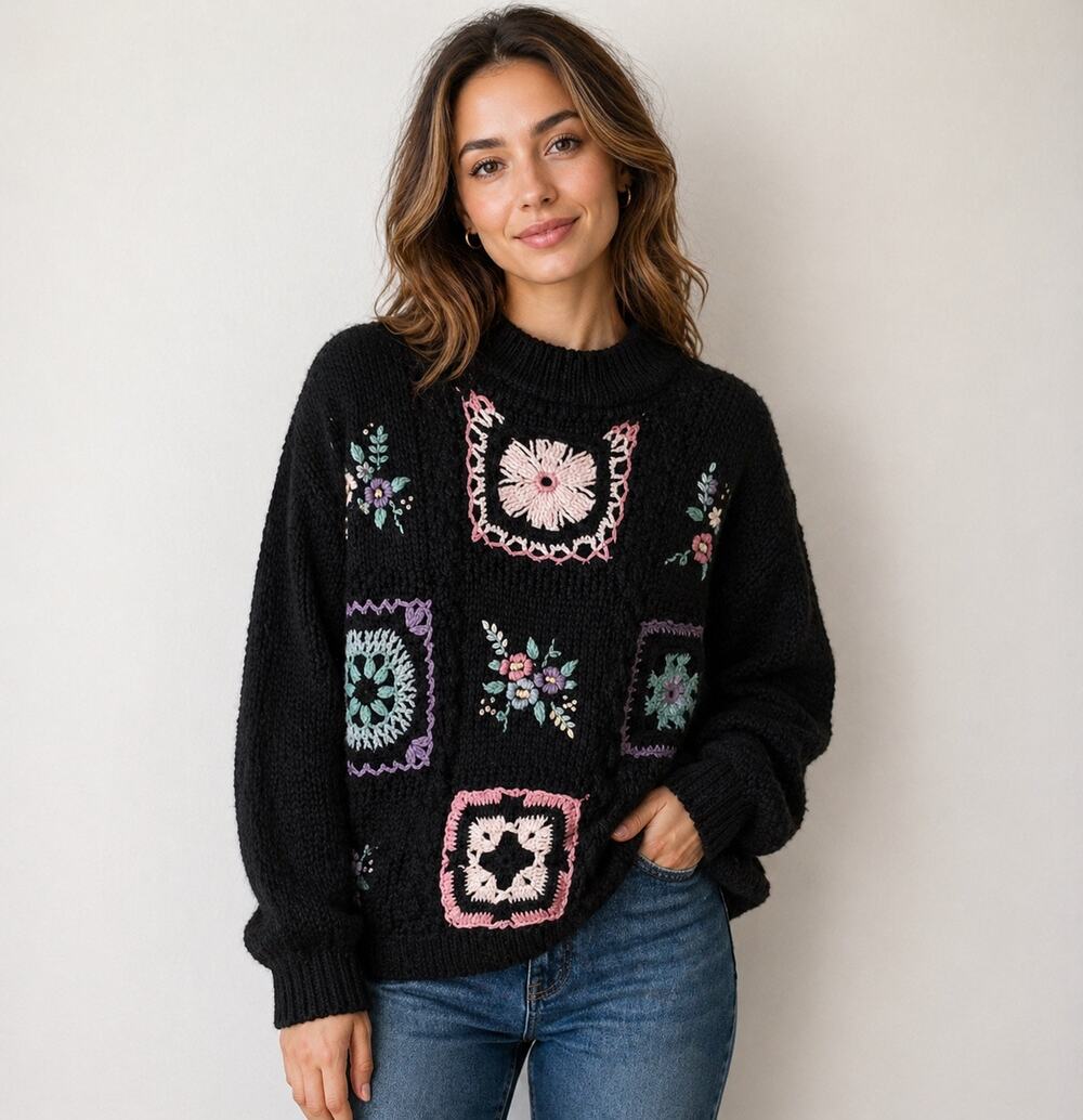 Vintage Grandmacore Crochet Black Sweater size small